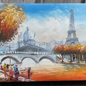 Paris Eiffel Tower Cityscape Painting Autumn River Scene European City Wall Art